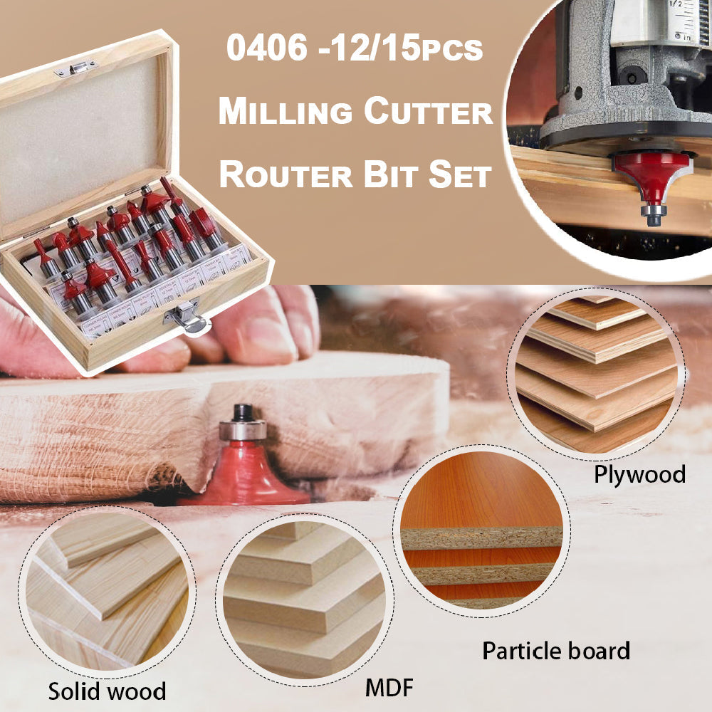 0406 -12 / 15pcs Milling Cutter Router Bit Set 0406 -12 / 15pcs Milling Cutter Router Bit Set